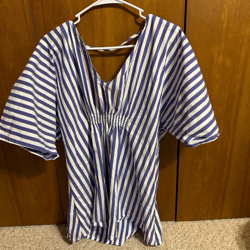 Onia Navy and White Diagonal Stripe V-Neck Tunic
